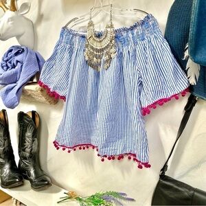 Sweet off the shoulder pin stripe boho blouse w Pom Pom fringe & prairie vibe